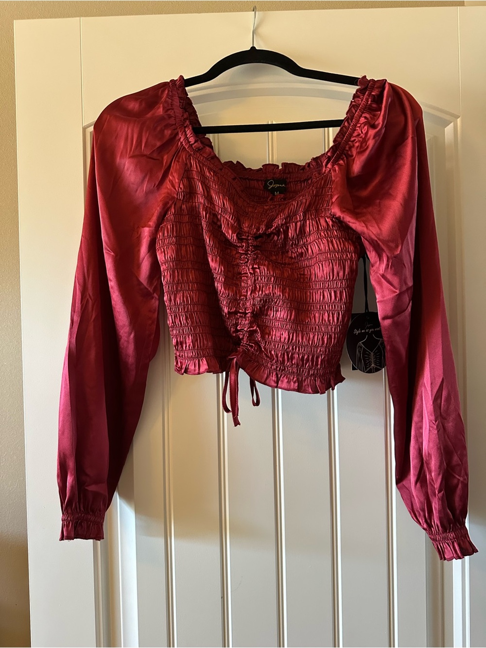 Japna Burgundy Red Smocked Long Sleeve Crop Top